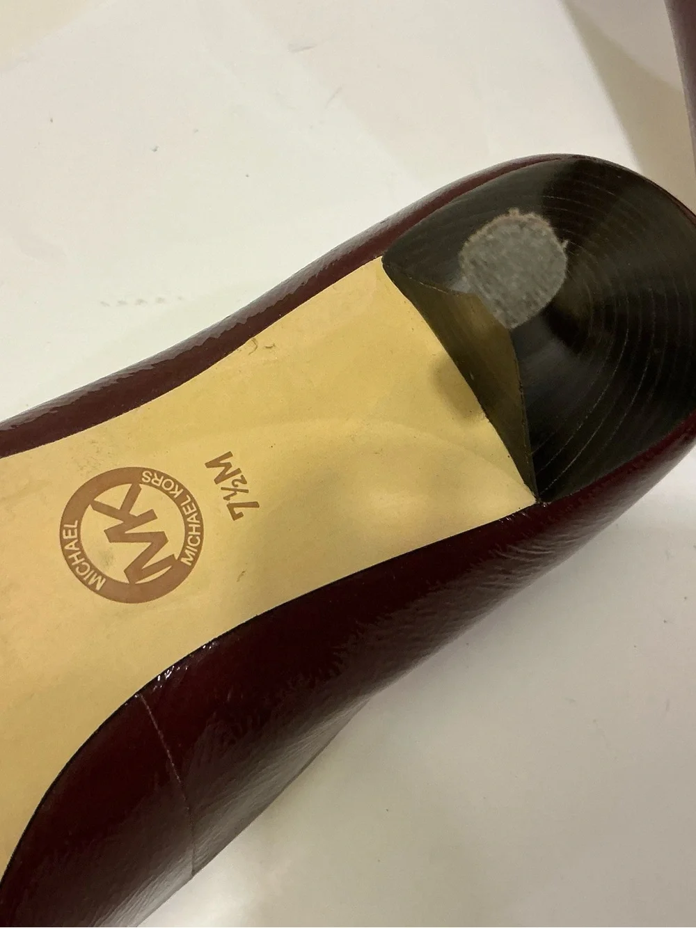 Michael Kors Burgundy Patent Leather Mid-Heel Pumps with Gold MK Emblem